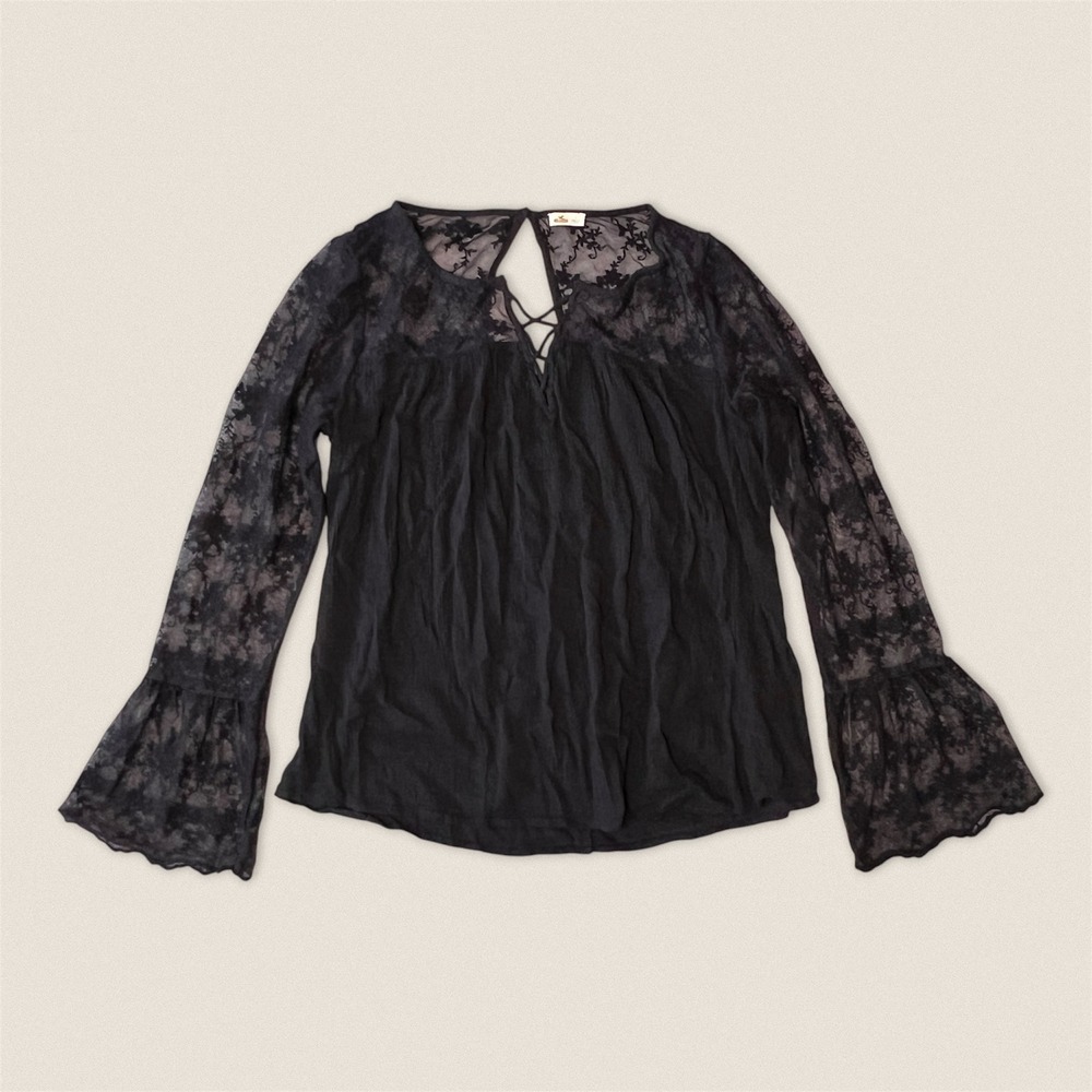 Hollister Lace Bell Sleeve Flowy Babydoll Boho Top Blouse Black Size Large